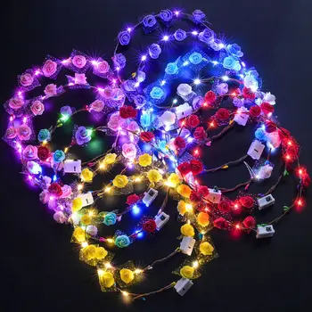12 Adet LED Çiçek Taç Ayarlanabilir Çiçek Glow Renk Gece Çelenk Kafa Bandı Çelenk Doğum Günü Partisi Düğün Bebek Duş Dekor