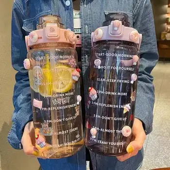 2 Litre Su Şişesi Plastik Payet Şişe Kızlar İçin Kawaii Spor Su Şişesi İle Zaman İşaretleyici Çıkartmalar Taşınabilir Spor Fincan