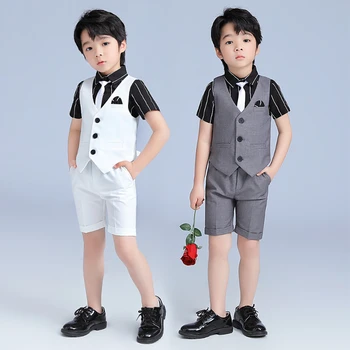 Erkek Elbise Yaz Yeni Yelek ve Kısa kollu Gömlek + Beş noktalı Pantolon çocuk Takım Elbise 1-12 Yıl Erkek Çocuk Butik Giyim