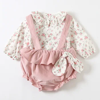 Sonbahar Yenidoğan giyim setleri Bebek Kız Pembe Kıyafetler Uzun Kollu Çiçek Bluzlar + Moda Bodysuit Elbise (3-18 Ay Bebekler)