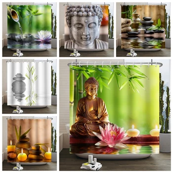 Spa Zen Buda Çakıl Lotus Duş Perdesi Kırsal Peyzaj Çiçek Taş Mum Yeşil Bambu Su Geçirmez Kumaş Banyo Perdeleri