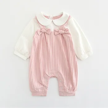 Toddler Kız Romper Peter Pan Yaka Uzun Kollu Tulumlar Yenidoğan Bebek Giysileri Bebek kıyafetler elbiseler 2 Yay ile