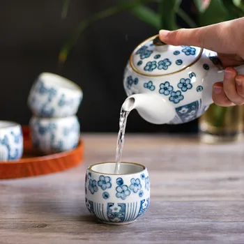 Çin Çay Seti Kung Fu Demlik Teacups Mavi ve Beyaz Seramik Çiçek Demlik Hediye Kutusu ile Su ısıtıcısı
